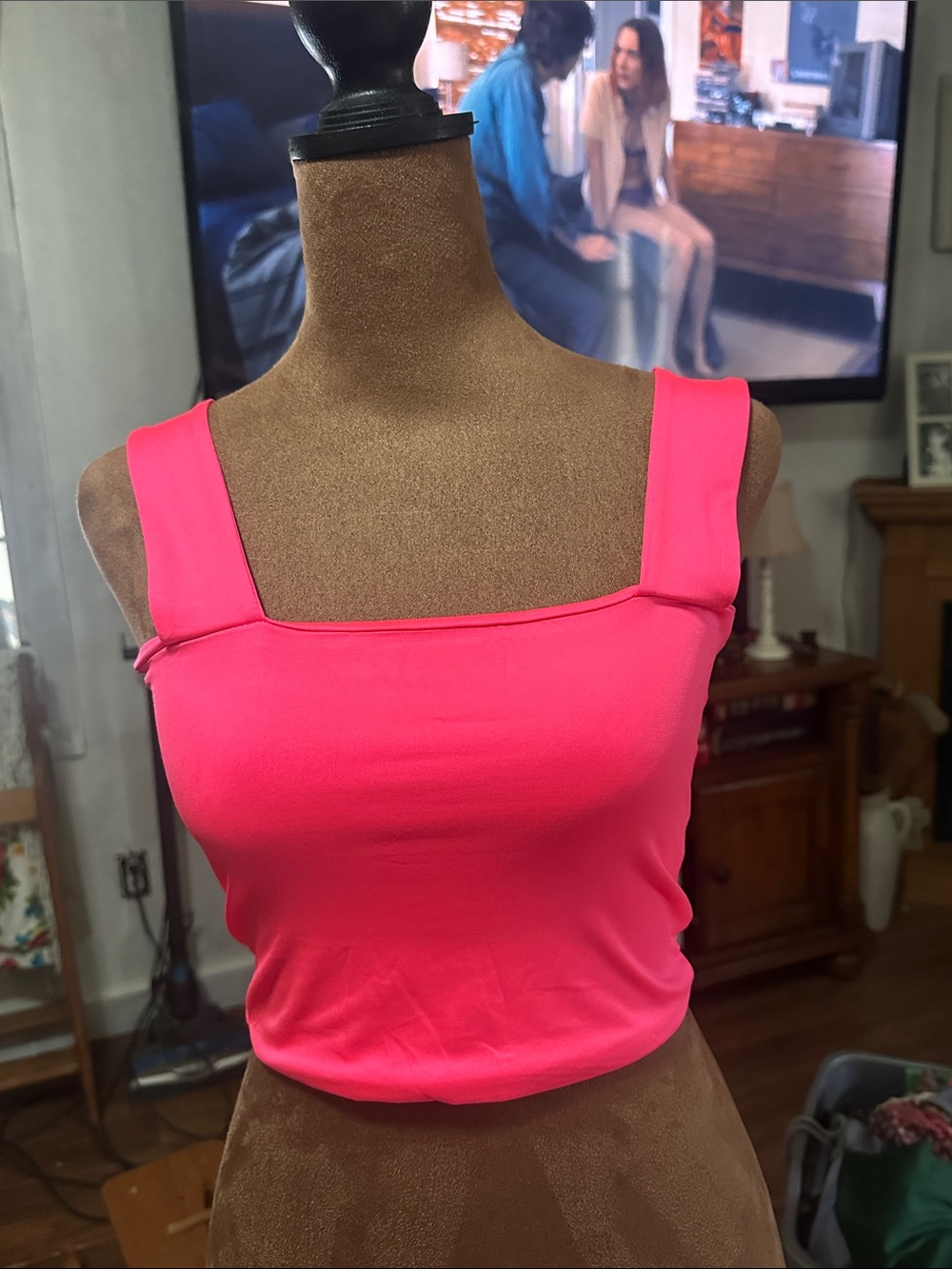 ABARDSION Neon Pink Square Neck Crop Tank Top Size Small Y2K Barbiecore